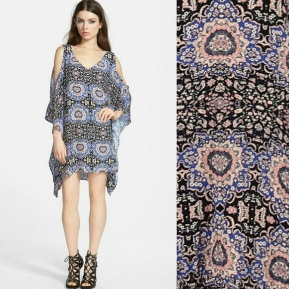 ASTR Blue Black Print Cold Shoulder Handkerchief Shift Mini Dress Tunic Coverup - Picture 3 of 13